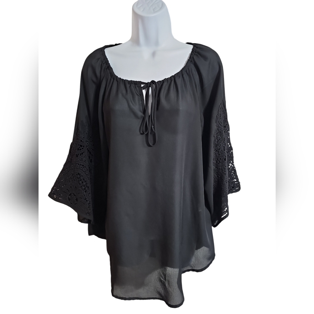 Joyce Womens Large Black Sheer Lace Bell Sleeve Blouse Top Y2K Iconic Statement - Picture 2 of 8